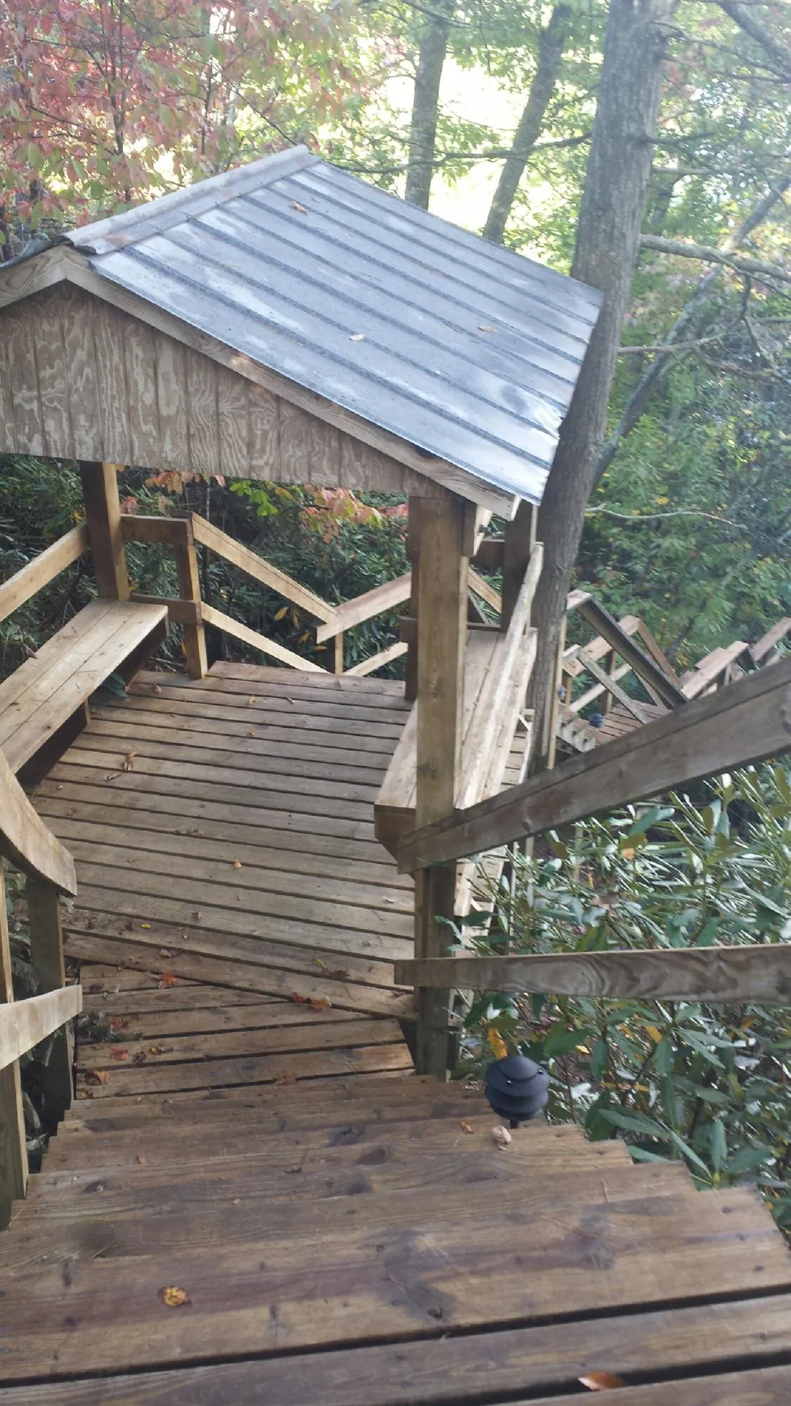 Metal roofed shelter over wooden steps on a wooded walkway — Skylight Repair & Installation work by our crew in Ariel
